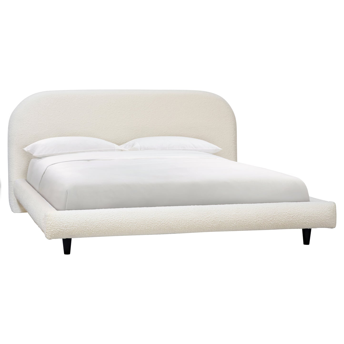 Ambroseette Bed - Boucle Upholstery and Pine Wood Legs - Off White Finish with Black Wood Legs