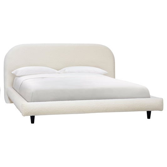 Ambroseette Bed - Boucle Upholstery and Pine Wood Legs - Off White Finish with Black Wood Legs