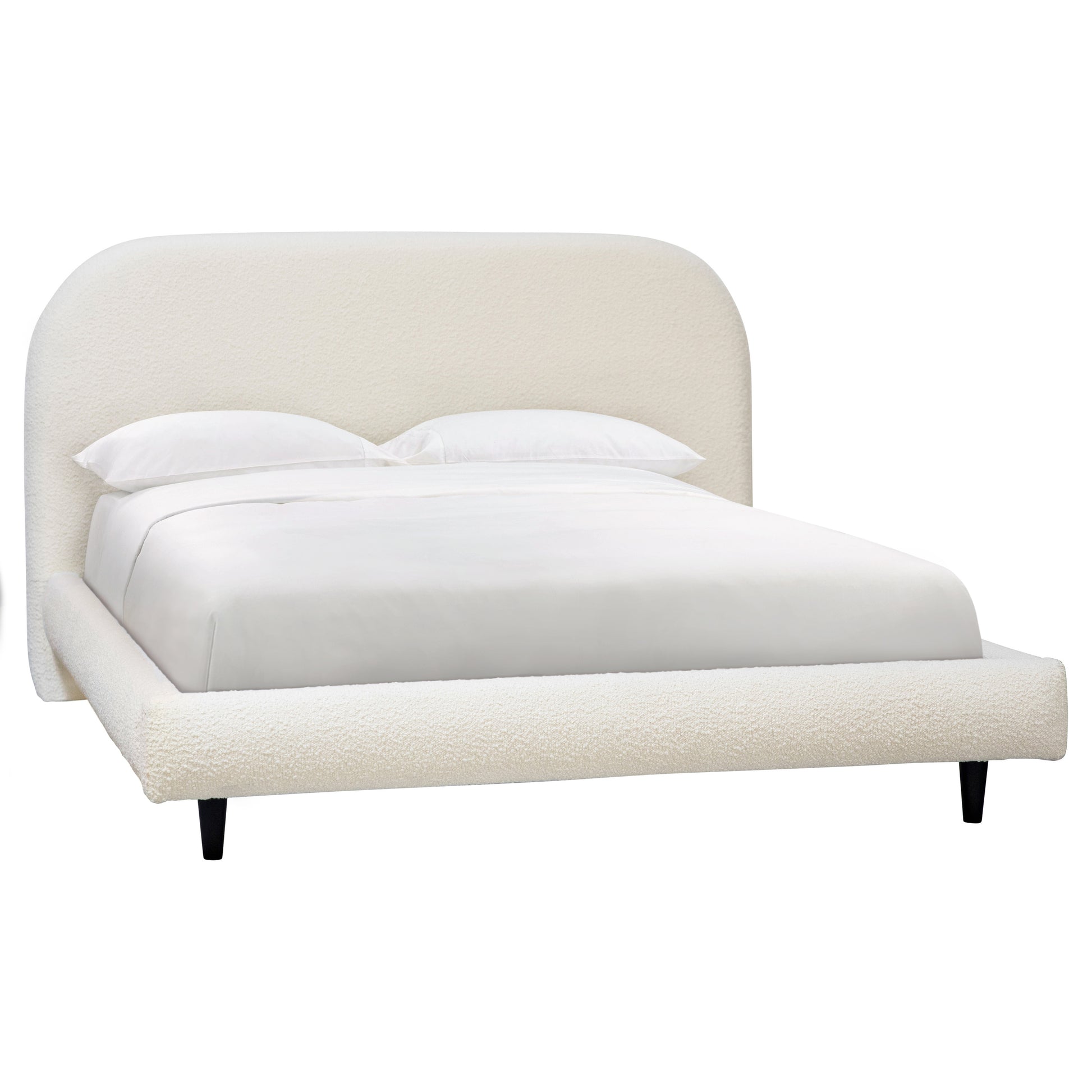 Sylviae Bed - Boucle Upholstery and Pine Wood Legs - Off White Finish with Black Wood Legs